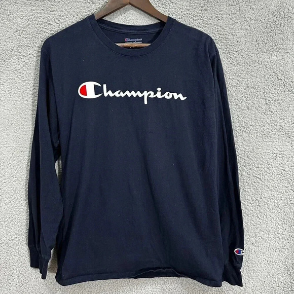 Champion Shirt Mens Medium Blue Script Logo Long sleeve Athletic‎ Gym Outdoors - Picture 1 of 6
